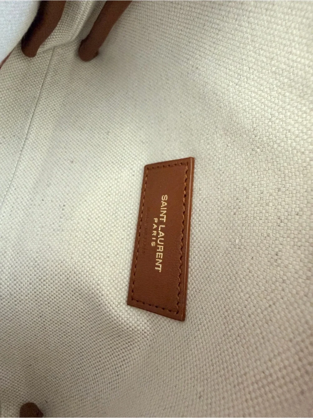 Saint Laurent Beige Canvas Crossbody with Gold Chain and Tan Trim
